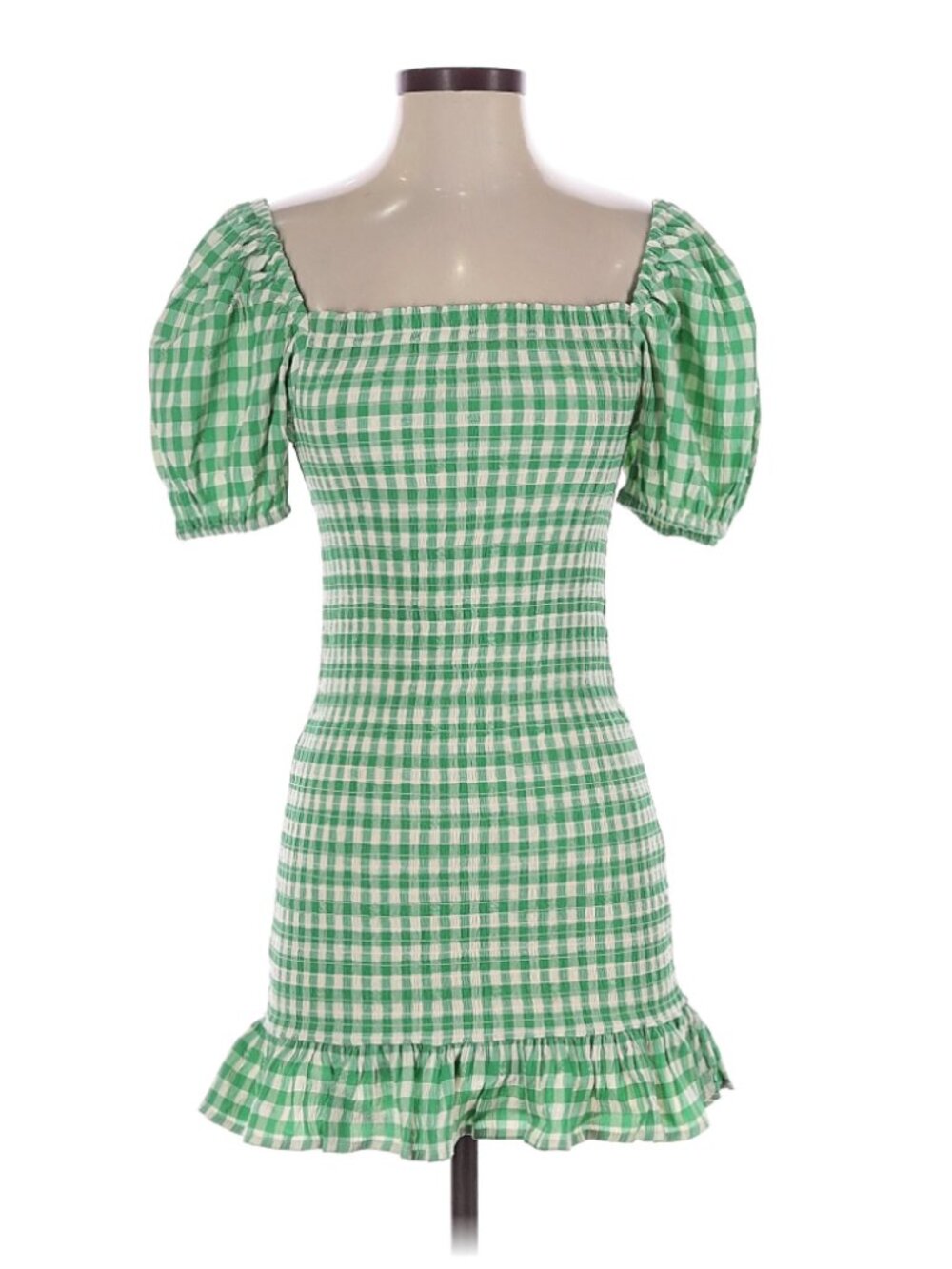 BB DAKOTA Gingham Smocked Green White Puff Sleeve Mini Dress
